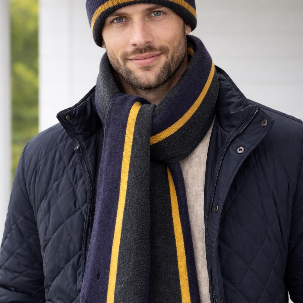 Polo by Ralph Lauren Navy and Yellow Striped Knit Scarf
